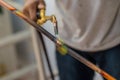 Welding of copper pipe of a methane gas pipeline or of a conditioning or water system. Welding soldering copper pipes. Royalty Free Stock Photo