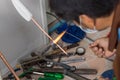 Welding of copper pipe of a methane gas pipeline or of a conditioning or water system. Welding soldering copper pipes. Gas Welding Royalty Free Stock Photo