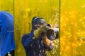 The welding craftsman grinding the steel tube