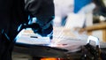 Welding industrial: worker repair detail in car service, close up Royalty Free Stock Photo