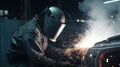 Welding a metal car frame using a welding torch and safet generative AI Royalty Free Stock Photo