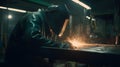 Welding a metal car frame using a welding torch and safet three generative AI Royalty Free Stock Photo