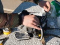 Welding of optical cable with a special instrument Royalty Free Stock Photo