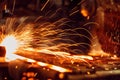 Welding process of processing of metal parts on factory machine.