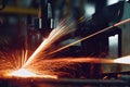Welding process of processing of metal parts on factory machine.