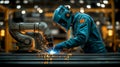 Welding process by a worker with robotic arm in a modern manufacturing facility for steel and aluminum components Royalty Free Stock Photo