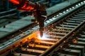 welding robot arm fusing together railway tracks