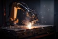 welding robot, with its welding torch in motion, joining two metal plates together