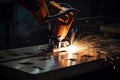 welding robot, with its welding torch in motion, joining two metal plates together