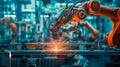 Welding robotics automatic arms machine in factory automotive industrial. Blurred digital manufacturing operation. Automated