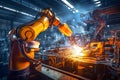 Welding robotics automatic arms machine in intelligent factory Royalty Free Stock Photo