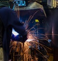 The Welding skill up use in product part automotiv Royalty Free Stock Photo