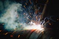 Welding steel structures and bright sparks Royalty Free Stock Photo