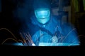 Welding a steel wheel with sparks spraying out Royalty Free Stock Photo