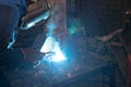Semi-automatic welding of metal structures in the shop Royalty Free Stock Photo