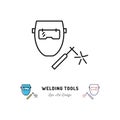 Welding tools icon, Welding machine and welder mask. Vector thin line art symbol