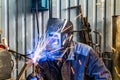 Welding work in an electromechanical workshop at a mechanical assembly site