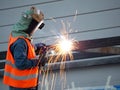 Welding work ,worker with protective welding metal