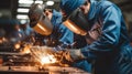 Welding worker team working arc weld metal joint production in heavy industry