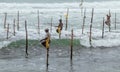 Weligama, Southern Province / Sri Lanka - 07 26 2020:Stilt fishermen beautiful scenery in southern Sri Lanka