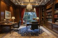 A well-appointed home office featuring a chandelier hanging gracefully from the ceiling, providing a touch of elegance, Business