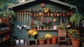 A well-arranged gardening shed with tools hung on hooks