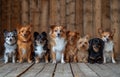 A well-behaved group of small dogs, from a different breed, sitting in a row on a wooden background Royalty Free Stock Photo
