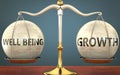 Well being and growth staying in balance - pictured as a metal scale with weights and labels well being and growth to symbolize