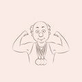 Well-built strong muscular old man.Bald man with arms raised flexing his Biceps and showing muscles.Vector illustration