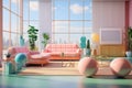 A well-composed interior shot of a living room with \'90s furniture, featuring vaporwave elements