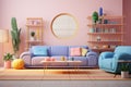 A well-composed interior shot of a living room with \'90s furniture, featuring vaporwave elements