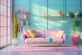 A well-composed interior shot of a living room with \'90s furniture, featuring vaporwave elements