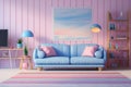 A well-composed interior shot of a living room with \'90s furniture, featuring vaporwave elements