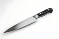 Sharp kitchen knife with a black handle on a white background. stainless steel blade. essential cooking tool. AI