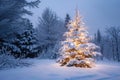 A well-decorated Christmas tree gleams brightly amidst a snowy landscape, creating a festive ambiance, A winter wonderland with a Royalty Free Stock Photo