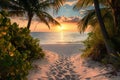 A well-defined pathway surrounded by tall palm trees leading to a sandy beach with waves crashing in the distance, A sandy pathway Royalty Free Stock Photo