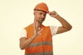 Well done. excited electrician show ok gesture. handsome service worker isolated on white. asphalt worker at