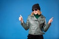 Well done, good job. Waist up portrait of joyful brunette woman showing thumbs up, like gesture to camera and smiling broadly, Royalty Free Stock Photo