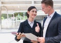 Manager encourage colleague for good job . Boss / manager praise female employee / staff she done excellent job Royalty Free Stock Photo