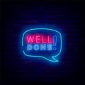 Well done neon signboard. Great job concept. Turquoise speech bubble frame. Vector stock illustration