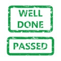 Well done and passed icon rubber stamp for checking exam or test