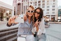 Well-dressed blonde lady making selfie with sister. Outdoor shot of romantic girls having fun in sunny spring day..