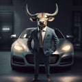 Well dressed bull standing in front of luxury car. AI generated