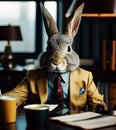 Well-dressed bunny rabbit wearing elegant business suit in law firm office as a lawyer, generative ai