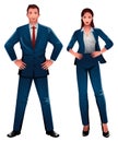 Well dressed businessman and businesswoman standing proudly with hands on hips
