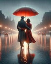 A Well Dressed Couple Walking Strolling Evening City Street Raining Red Umbrella AI Generated Royalty Free Stock Photo