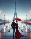 A Well Dressed Couple Walking Strolling Evening City Street Raining Red Umbrella AI Generated Royalty Free Stock Photo