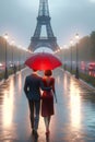 A Well Dressed Couple Walking Strolling Evening City Street Raining Red Umbrella AI Generated Royalty Free Stock Photo