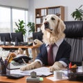 well dressed dog in a suit working hard at desk