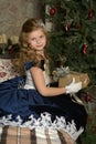 Well-dressed girl at the Christmas tree with a gift in their hands Royalty Free Stock Photo